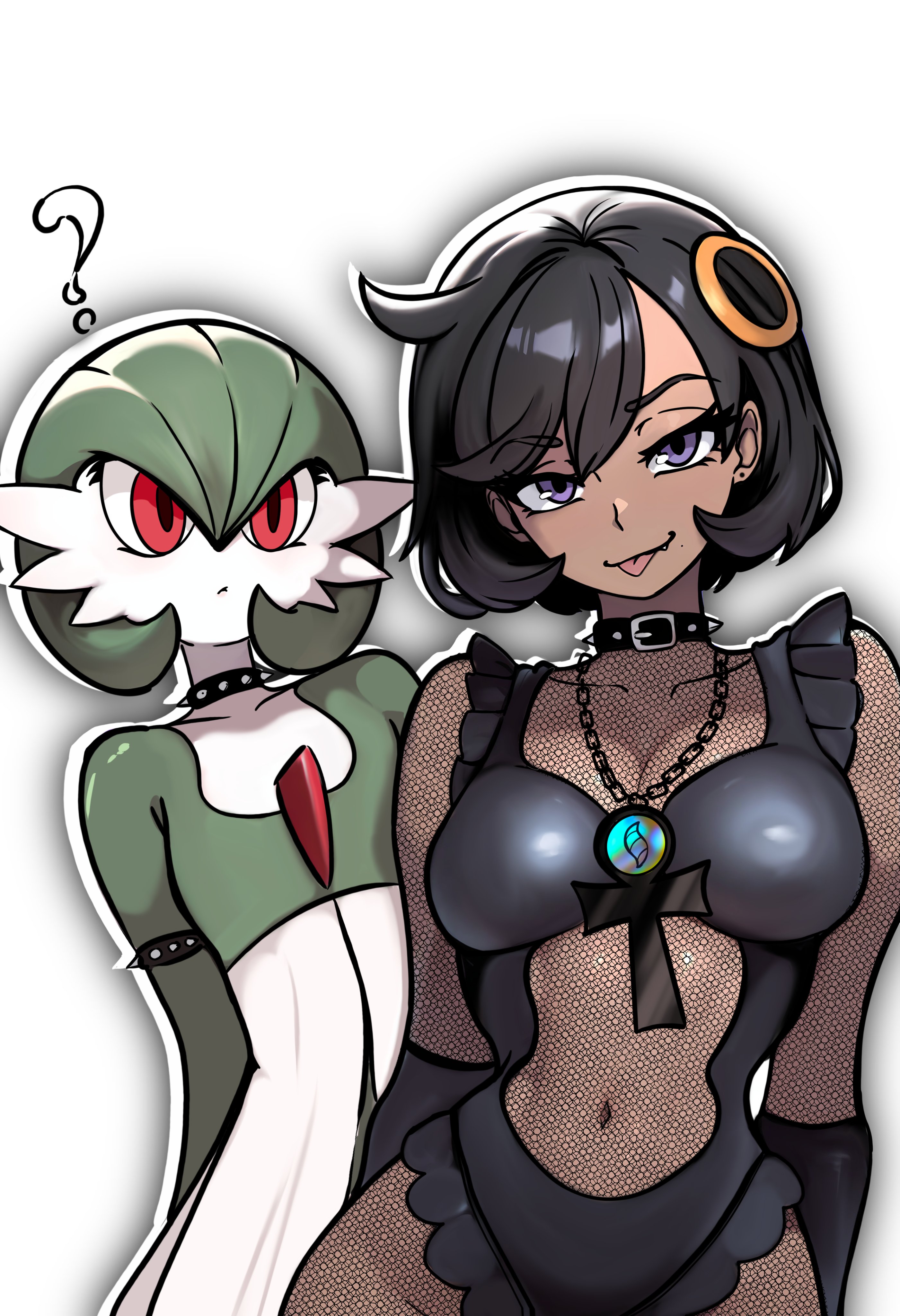 redpostit, emma (pokemon), gardevoir, nintendo, pokemon, pokemon legends: z-a, absurdres, highres, 1girl, 1other, ?, black hair, breasts, choker, closed mouth, collared shirt, cross, dark-skinned female, dark skin, fishnets, gen 3 pokemon, hair ornament, jewelry, latin cross, leotard, looking at viewer, medium breasts, navel, necklace, pokemon (creature), purple eyes, red eyes, see-through clothes, shirt, short hair, simple background, smile, studded choker, tongue, tongue out, white background