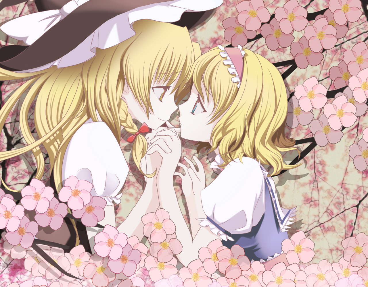 tonmorokoshi, alice margatroid, kirisame marisa, maria-sama ga miteru, touhou, 2girls, blonde hair, blue eyes, braid, cherry blossoms, couple, female focus, hairband, hat, holding hands, imminent kiss, multiple girls, parody, short hair, witch, witch hat, yellow eyes, yuri