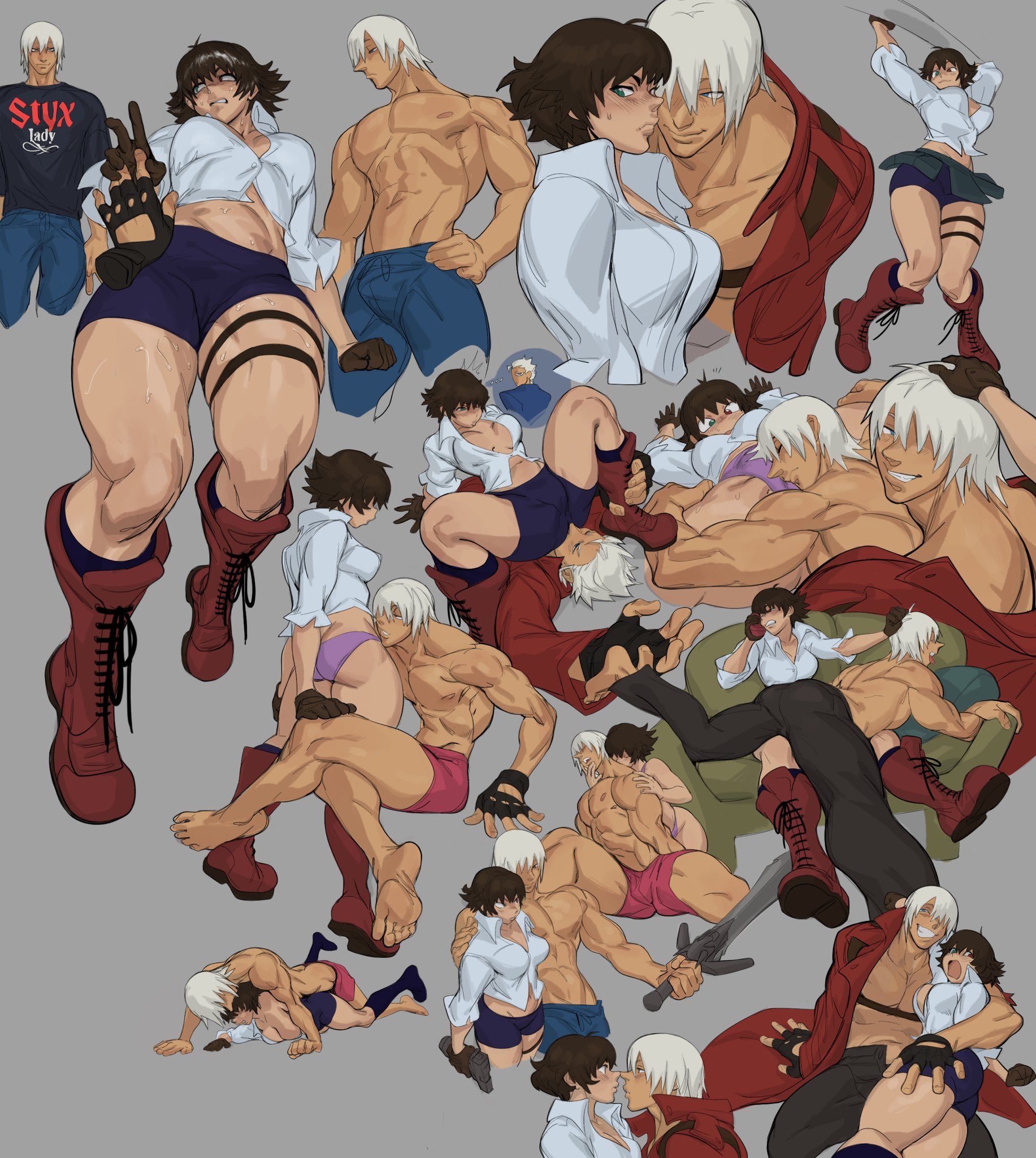uwan 01, dante (devil may cry), lady (devil may cry), rebellion (sword), vergil (devil may cry), devil may cry, devil may cry (series), devil may cry 3, highres, 1boy, 1girl, black gloves, black hair, black shirt, blue eyes, boots, boxer briefs, breasts, coat, couch, disembodied hand, face in ass, face in crotch, fingerless gloves, gloves, green eyes, grey background, gun, heterochromia, holding, holding gun, holding sword, holding weapon, male underwear, midriff, multiple views, noses touching, on couch, open mouth, panties, pants, purple panties, red coat, red eyes, shirt, simple background, sitting, sweat, sword, underwear, weapon, white hair, white shirt
