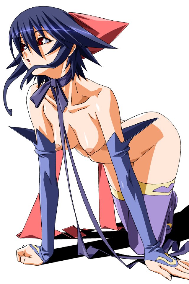 kagano ai, mahou shoujo ai, 00s, 1girl, all fours, arm support, blue hair, boots, bow, breasts, bridal gauntlets, collarbone, detached sleeves, female focus, hair bow, nipples, nude, open mouth, red eyes, shadow, short hair, simple background, solo, thigh boots, thighhighs, white thighhighs
