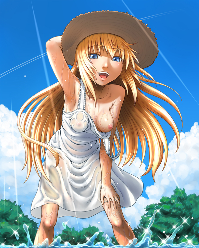 minazuki tsuyuha, 1girl, armpits, arms up, bare shoulders, bent over, blonde hair, blue eyes, breast slip, breasts, cloud, day, dress, female focus, hat, leaning forward, long hair, medium breasts, nipples, one breast out, see-through clothes, sky, smile, solo, standing, strap slip, tree, wet
