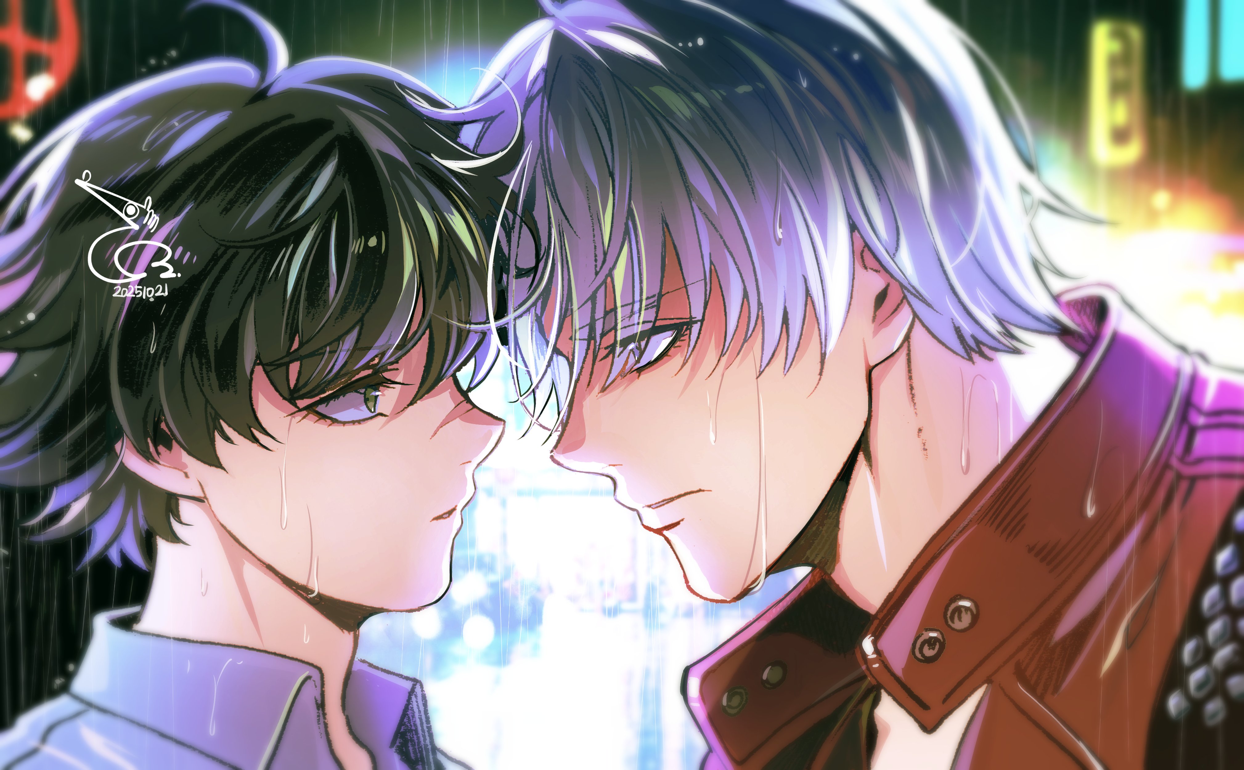 dante (devil may cry), lady (devil may cry), devil may cry, devil may cry (series), devil may cry 3, absurdres, hashtag-only commentary, highres, 1boy, 1girl, baehee5502, black hair, blue eyes, coat, dated, from side, green eyes, parted lips, rain, red coat, scar, scar on face, scar on nose, shirt, signature, wet, white hair, white shirt