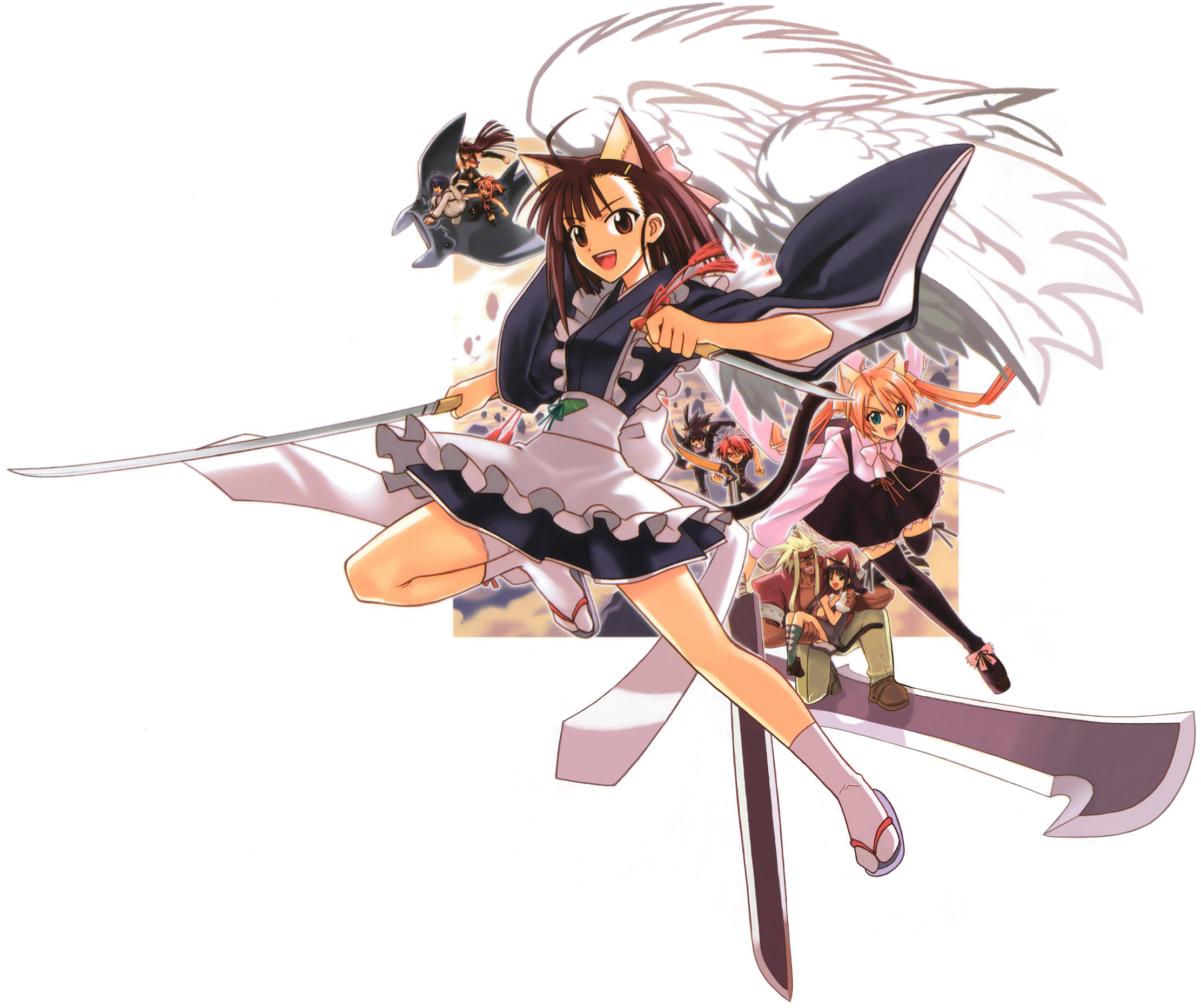 akamatsu ken, hasegawa chisame, inugami kotarou, jack rakan, kagurazaka asuna, konoe konoka, miyazaki nodoka, negi springfield, sakurazaki setsuna, saotome haruna, mahou sensei negima!, highres, official art, scan, 00s, 3boys, 6+girls, animal ears, asymmetrical bangs, bell, cat ears, cover, cover image, dress, ensis exorcizans, flying, hair ornament, heterochromia, legs, long hair, maid, manta ray, multiple boys, multiple girls, orange hair, sica shishikushiro, sword, thighhighs, twintails, weapon, wings, zettai ryouiki