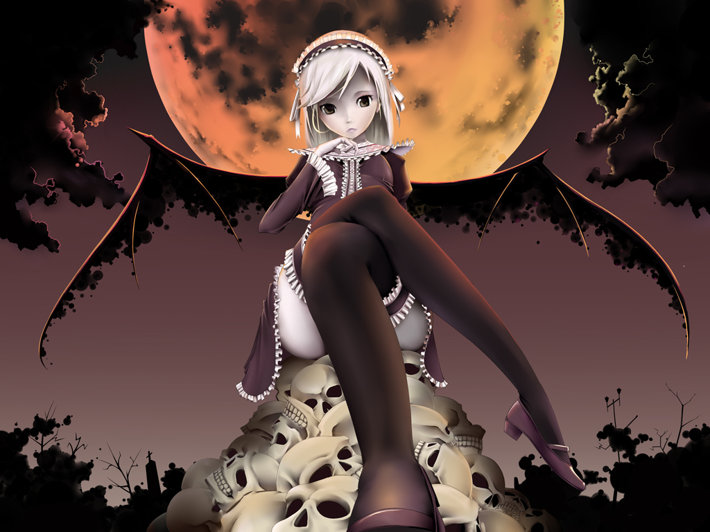 mogmog, silver hair, bad id, bad pixiv id, cloud, crossed legs, frilled thighhighs, frills, goth fashion, moon, night, shoes, sitting, skull, sky, solo, thighhighs, wings
