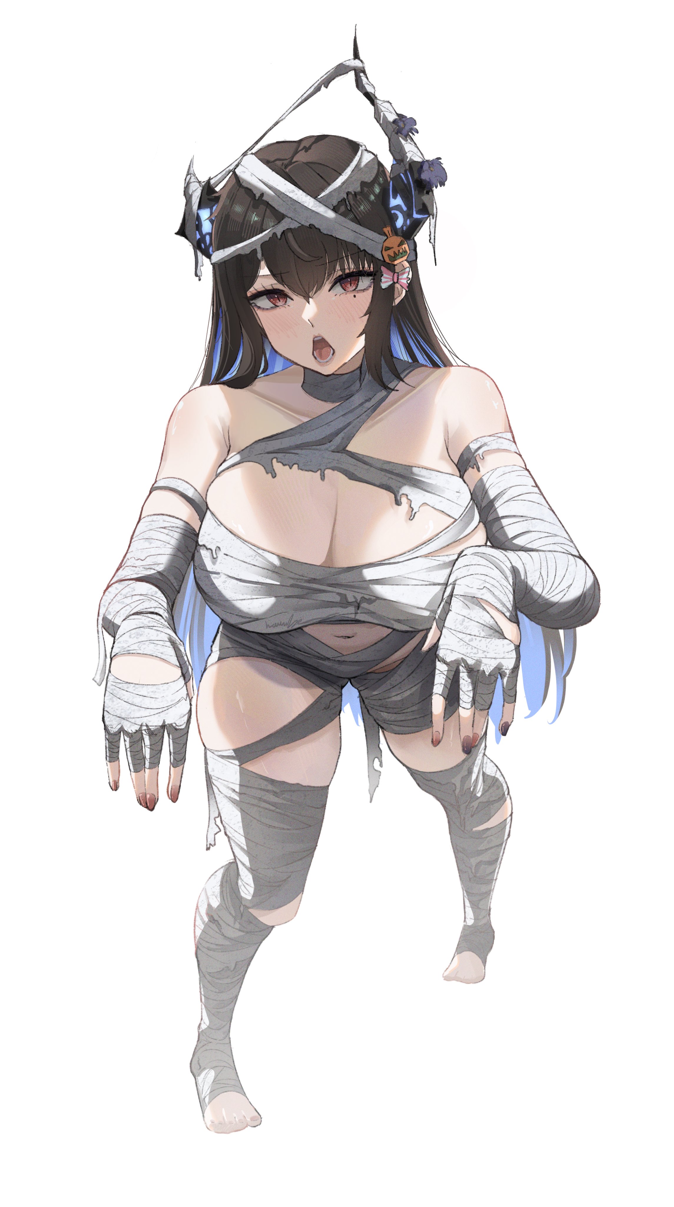 harikyon dzs, nerissa ravencroft, hololive, hololive english, absurdres, commentary, highres, 1girl, alternate costume, asymmetrical horns, bandaged arm, bandaged chest, bandaged head, bandaged horn, bandaged leg, bandaged neck, bandaged stomach, bandages, black hair, blue hair, breasts, cleavage, collarbone, colored inner hair, demon horns, double-parted bangs, feet, fingernails, food-themed hair ornament, from above, full body, ghost pose, hair ornament, halloween costume, horns, large breasts, long hair, looking at viewer, mole, mole under eye, multicolored hair, mummy costume, naked bandage, navel, open mouth, pumpkin hair ornament, red eyes, red nails, simple background, solo, toenails, uneven horns, virtual youtuber, white background