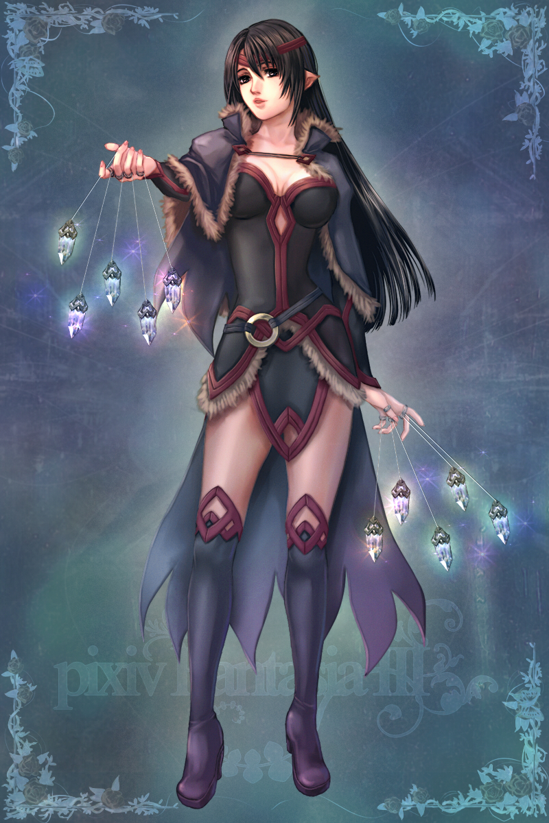 tatehama, pixiv fantasia, pixiv fantasia 3, highres, black hair, boots, cape, crystal, gigandal federation, long hair, pantyhose, pointy ears, solo