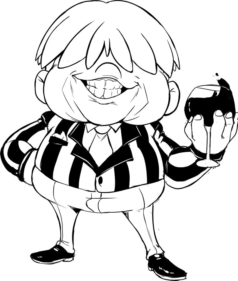 teevo, porky minch, earthbound (series), mother (series), mother 2, nintendo, covered eyes, cup, drinking glass, fat, hair over eyes, hand on own hip, holding, looking at viewer, necktie, sketch, striped clothes, wine glass