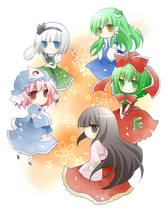 hoshino ai (nature3111), houraisan kaguya, kagiyama hina, kochiya sanae, konpaku youmu, konpaku youmu (ghost), saigyouji yuyuko, touhou, silver hair, bad id, bad pixiv id, 5girls, black eyes, black hair, blue eyes, chibi, detached sleeves, female focus, frog, front ponytail, green eyes, green hair, hair ribbon, hat, hitodama, long hair, multiple girls, pink eyes, pink hair, ribbon, short hair, yellow eyes