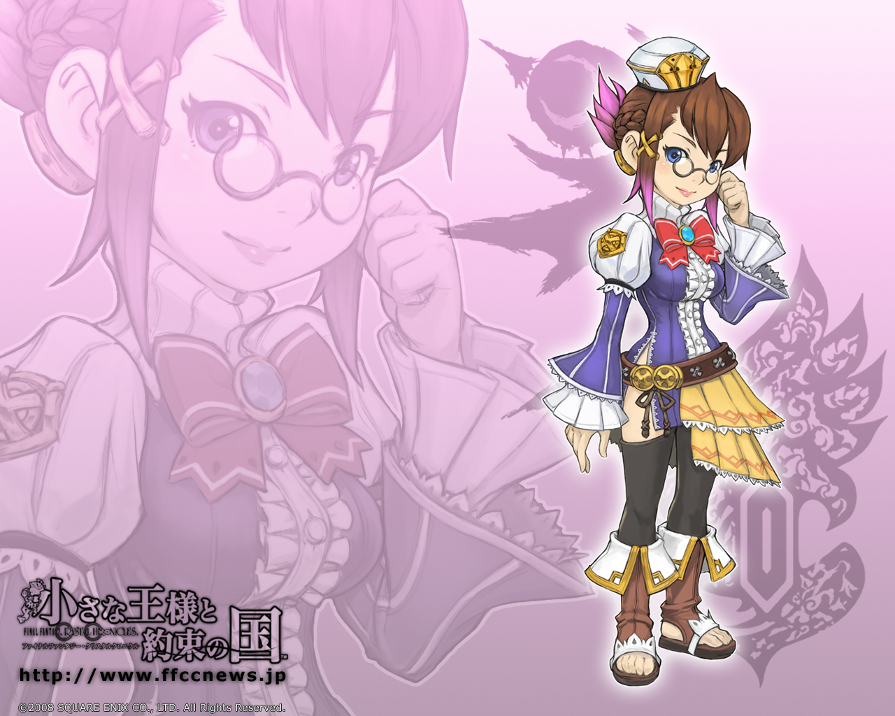 chime, clavat, selkie, final fantasy, final fantasy crystal chronicles, final fantasy crystal chronicles: my life as a king, official art, official wallpaper, 1girl, female focus, glasses, hat, sandals, solo, thighhighs, zoom layer