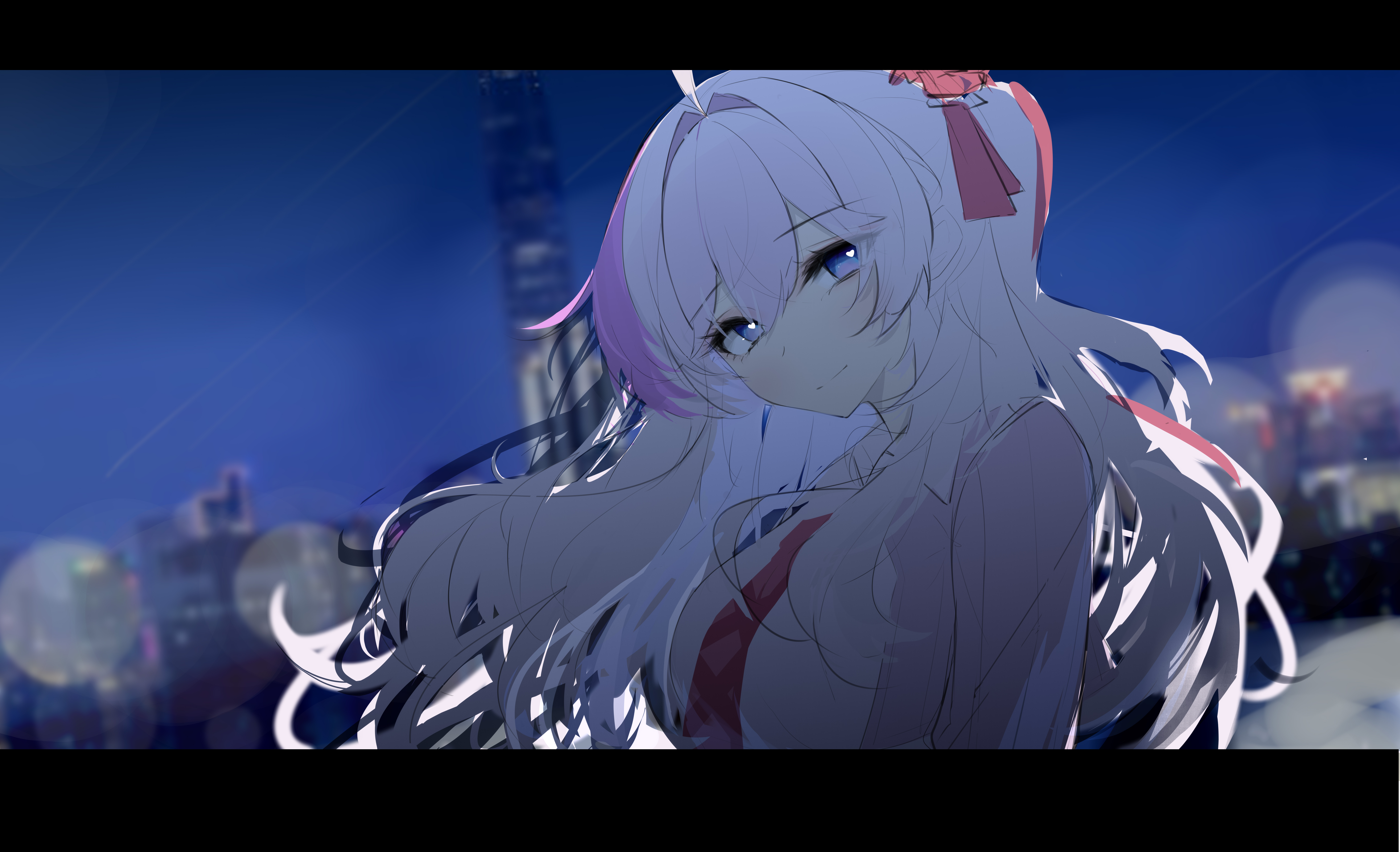 he yue, kanami (heartbeat memories) (strinova), kanami (strinova), strinova, absurdres, highres, 1girl, ahoge, blue eyes, breasts, cardigan, city, city lights, cityscape, from side, hair intakes, hair ribbon, heart, heart-shaped pupils, large breasts, long hair, looking at viewer, multicolored hair, necktie, night, night sky, outdoors, pink hair, ribbon, shirt, side ponytail, sidelocks, sky, smile, solo, standing, symbol-shaped pupils, white hair, white shirt
