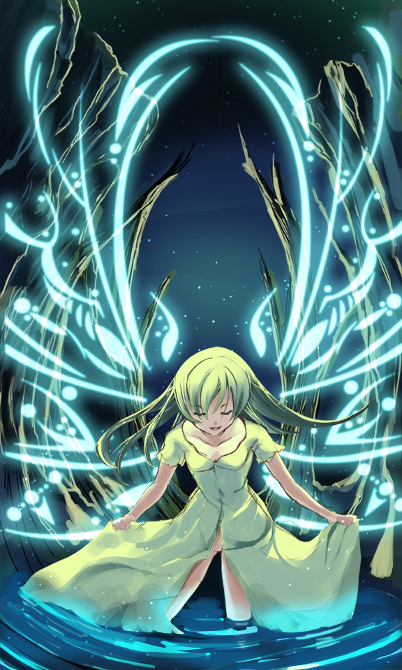 matsukawa (pale scarlet), original, closed eyes, dress, green hair, long hair, magic, solo, water