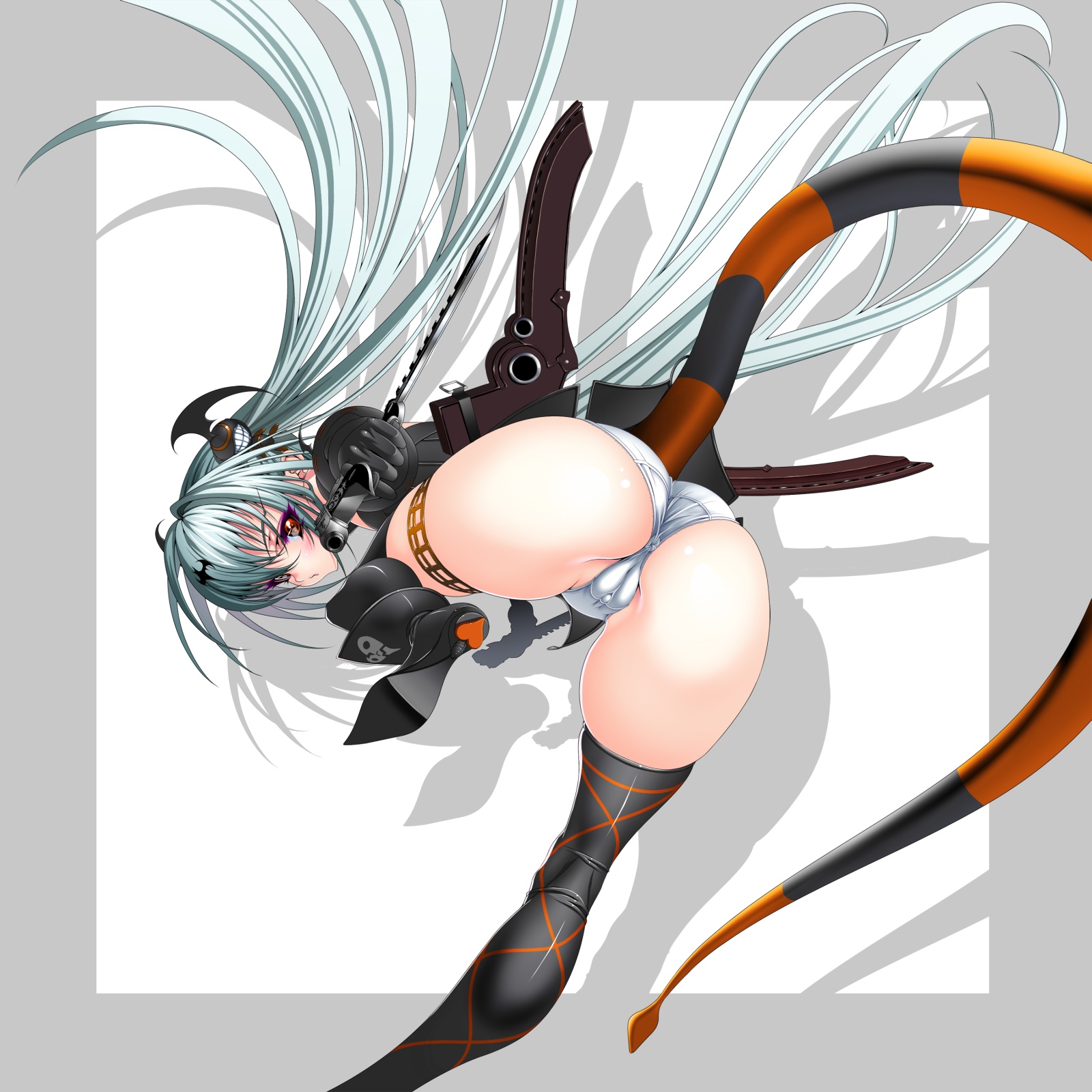 inagaki, alice (queen's gate), nitroplus, queen's blade, queen's gate, silver hair, bad id, bad pixiv id, highres, 00s, 1girl, anus, ass, cameltoe, dagger, female focus, from behind, gun, head wings, knife, long hair, looking back, panties, red eyes, solo, tail, thighhighs, underwear, very long hair, weapon, white panties, wings