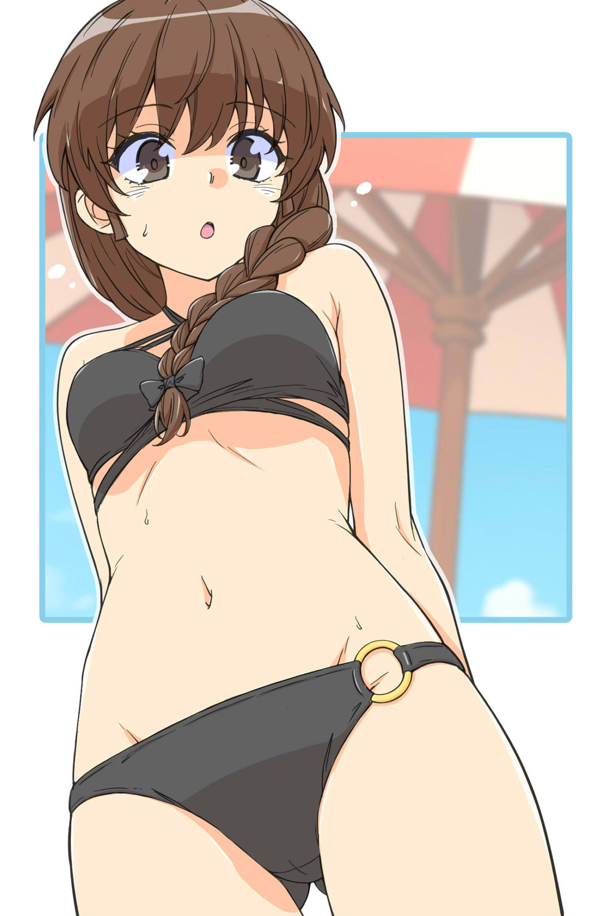 renshiu, rukuriri (girls und panzer), girls und panzer, commentary request, highres, 1girl, :o, arms behind back, bare arms, bare shoulders, beach umbrella, bikini, black bikini, black bow, blue sky, blurry, blush, bow, braid, breasts, brown eyes, brown hair, chestnut mouth, cloud, cowboy shot, day, from below, gluteal fold, groin, hair between eyes, hair bow, hair over shoulder, long hair, looking at viewer, navel, o-ring, o-ring bikini, open mouth, short hair, sidelocks, single braid, sky, small breasts, solo, standing, stomach, sweat, swimsuit, thighs, umbrella