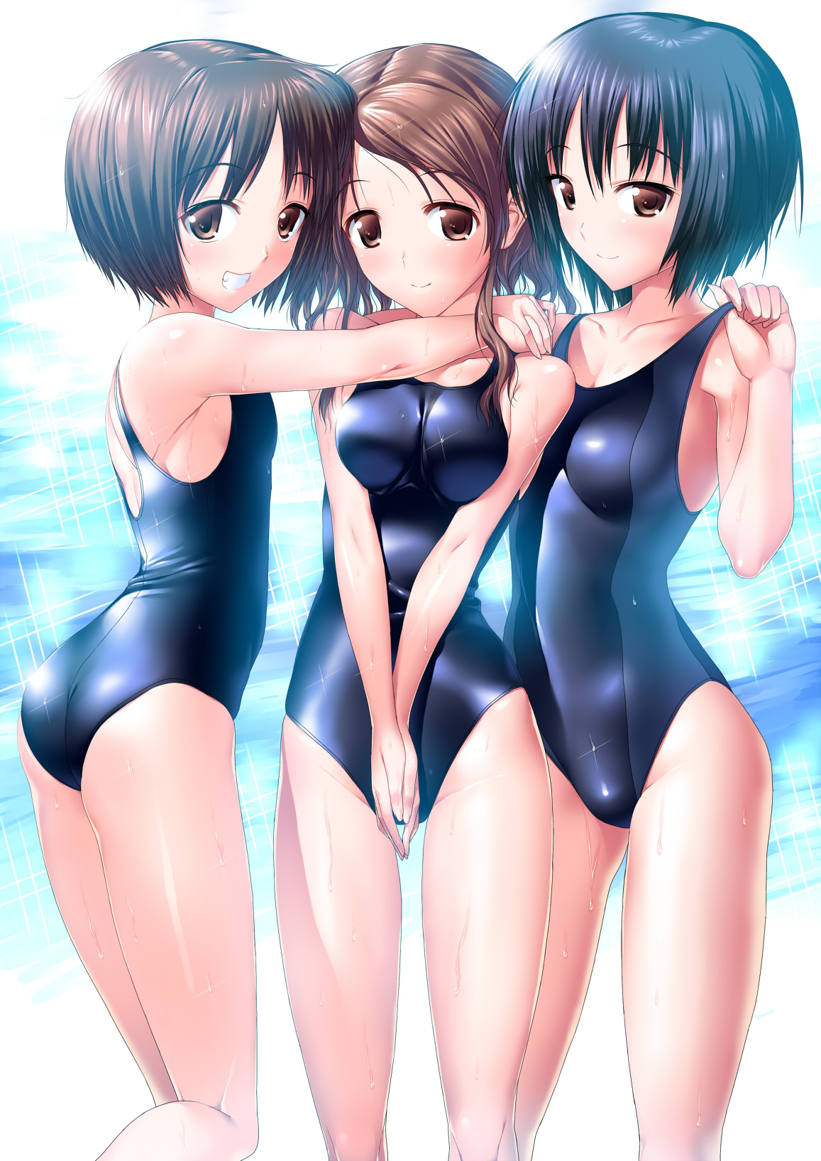 suzume inui, nakata sae, nanasaki ai, tachibana miya, amagami, bad id, bad pixiv id, highres, 3girls, ass, blue hair, brown eyes, brown hair, competition swimsuit, multiple girls, one-piece swimsuit, short hair, smile, standing, swimsuit, water, wet, yuri