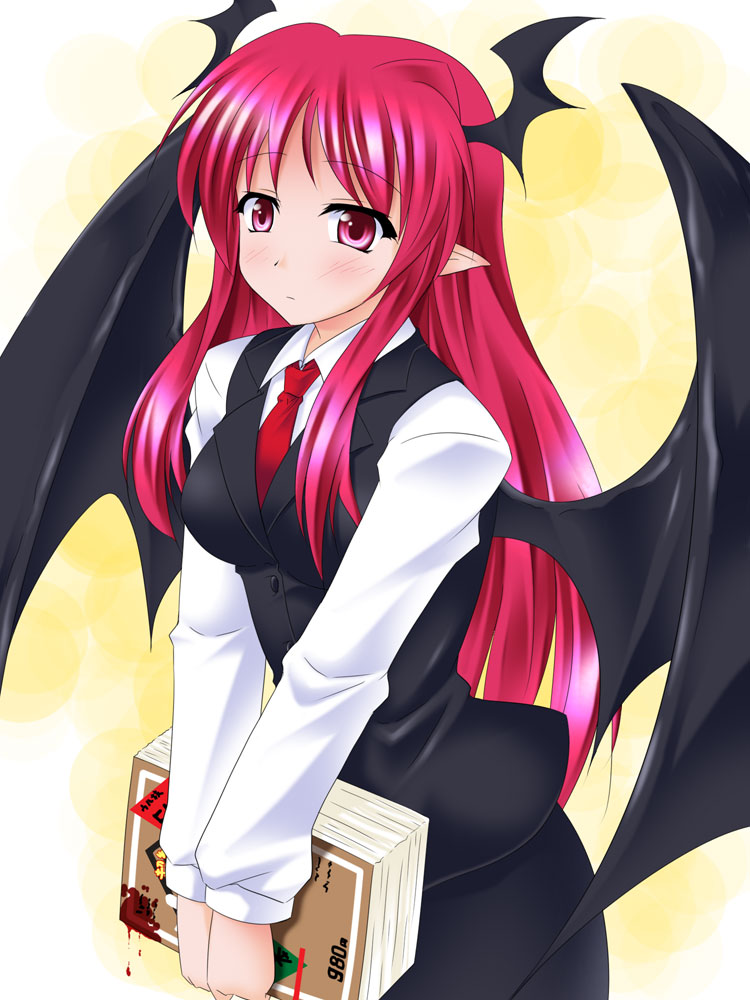 mikazuki botan, koakuma, touhou, commentary request, 1girl, 2000s (style), black skirt, black vest, black wings, blood, blood on book, blush, book, breasts, closed mouth, collared shirt, cowboy shot, demon girl, demon wings, expressionless, head wings, holding, holding book, long hair, long sleeves, looking at viewer, medium breasts, necktie, pointy ears, red eyes, red hair, red necktie, shirt, sidelocks, skirt, skirt set, solo, vest, white shirt, wings, yellow background