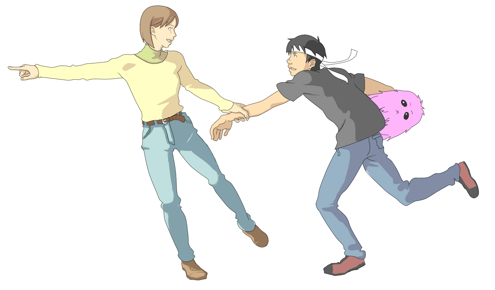 sora-bakabon, hoshino hachirouta, nono (planetes), planetes, arm grab, highres, 1boy, 1girl, :d, belt, black hair, black shirt, brown hair, denim, from side, hairband, headband, loafers, open mouth, pants, parted lips, pointing, shirt, shoes, short sleeves, simple background, smile, stuffed animal, stuffed toy, teeth, white background, yellow shirt