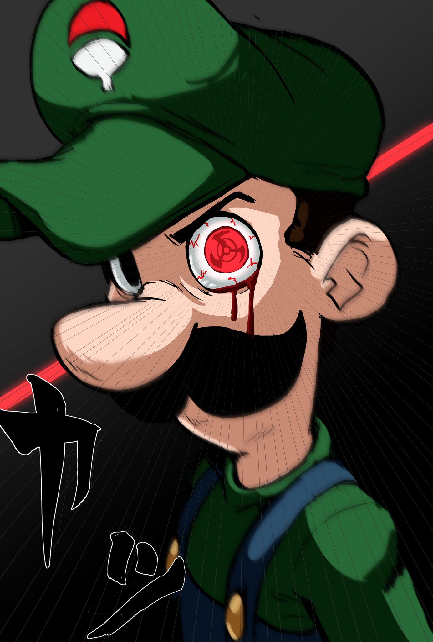 teevo, luigi, mario (series), nintendo, highres, facial hair, hat, motion lines, mustache, overalls, red eyes, sharingan