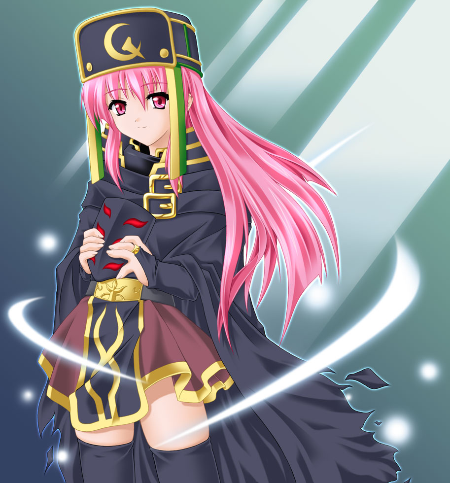 mikazuki botan, abysmal knight, ragnarok online, commentary request, 1girl, 2000s (style), armor, black armor, black bridal gauntlets, black cape, black thighhighs, bridal gauntlets, brown skirt, cape, closed mouth, cowboy shot, genderswap, genderswap (mtf), green background, helmet, holding, holding mask, humanization, long hair, looking at viewer, mask, pink eyes, pink hair, skirt, smile, solo, thighhighs