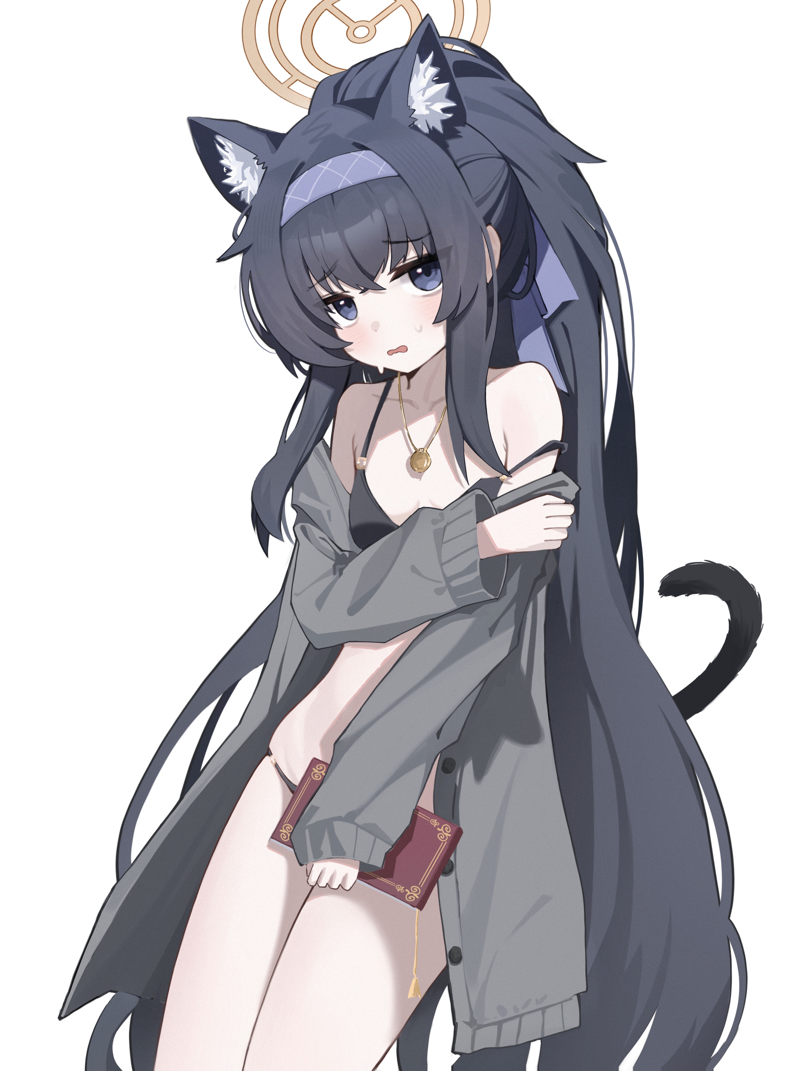 xiaoxiaoyifan, ui (blue archive), ui (swimsuit) (blue archive), blue archive, absurdres, highres, 1girl, animal ear fluff, animal ears, armpit crease, bare shoulders, bikini, black bikini, black hair, blue eyes, blue hairband, blue ribbon, blush, book, breasts, brown halo, cardigan, cat ears, cat girl, cat tail, collarbone, covering breasts, covering privates, cowboy shot, crossed bangs, embarrassed, extra ears, furrowed brow, grey cardigan, hair between eyes, hair ribbon, hairband, halo, holding, holding book, holding own arm, jewelry, kemonomimi mode, long hair, looking at viewer, no eyewear, official alternate costume, official alternate hairstyle, open cardigan, open clothes, open mouth, pendant, ponytail, ribbon, sidelocks, simple background, sleeves past wrists, small breasts, solo, strap slip, sweatdrop, swimsuit, tail, tail raised, thighs, very long hair, wavy mouth, white background, wide sleeves