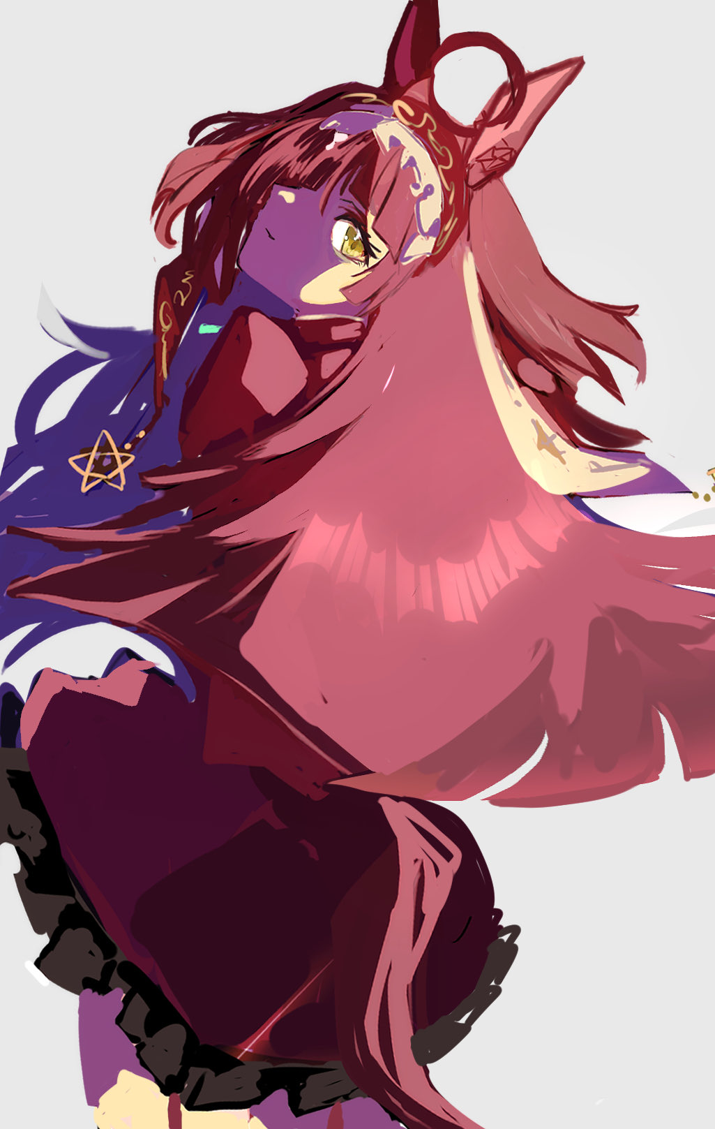 red desire (umamusume), umamusume, highres, 1girl, ahoge, animal ears, blunt bangs, blunt ends, blunt sidelocks, brown headdress, closed mouth, dress, hairband, hissinikaiteru, horse ears, horse girl, horse tail, long hair, long sleeves, looking at viewer, looking back, red dress, red hair, red hairband, red headdress, sidelocks, simple background, solo, star ornament, tail, yellow eyes