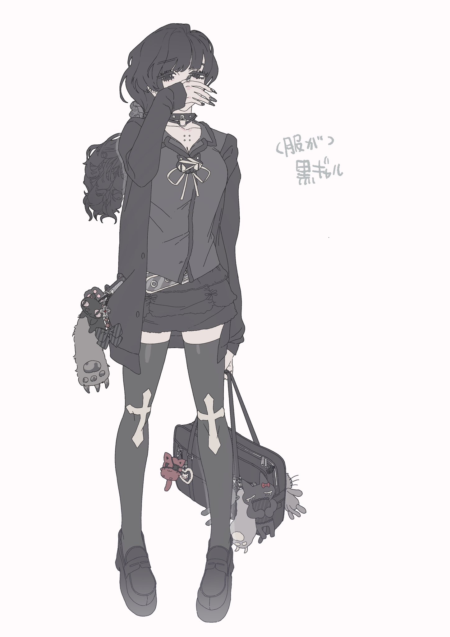 original, highres, translation request, 1girl, bag, bag charm, belt, black bag, black cardigan, black eyes, black hair, black nails, black shirt, black shoes, black skirt, black thighhighs, cardigan, cat brooch, cellphone charm, charm (object), chest piercing, collar, collarbone, covering own mouth, cross, cross print, fake nails, full body, goth fashion, grey belt, hair ornament, hair scrunchie, half-closed eyes, holding, holding bag, loafers, long eyelashes, long hair, looking at viewer, low twintails, miniskirt, neck ribbon, o-ring collar, off shoulder, phone in pocket, pigeon-toed, platform shoes, print thighhighs, ribbon, scrunchie, shirt, shoes, simple background, skirt, sleeves past wrists, solo, standing, studded collar, thighhighs, twintails, watashi0229, white background, white ribbon, zettai ryouiki