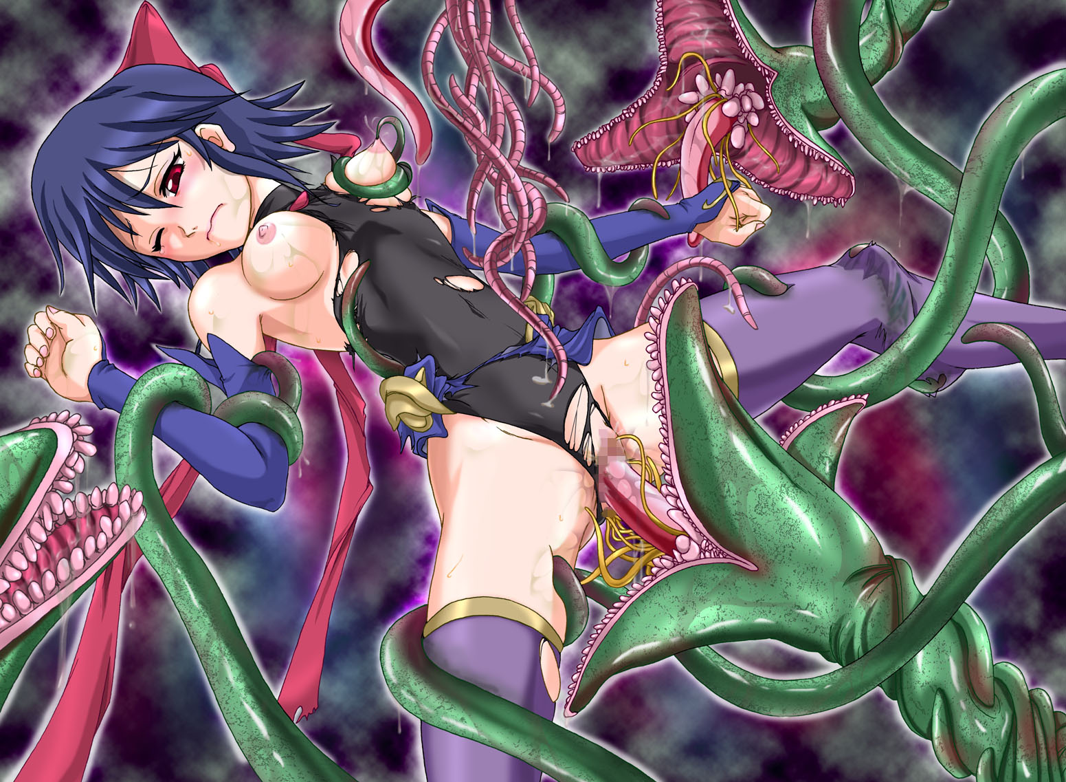 kagano ai, mahou shoujo ai, 00s, blue hair, blush, boots, breasts, censored, detached sleeves, plant, rape, red eyes, ribbon, short hair, tentacle sex, tentacles, thigh boots, thighhighs, tongue, torn clothes, vaginal