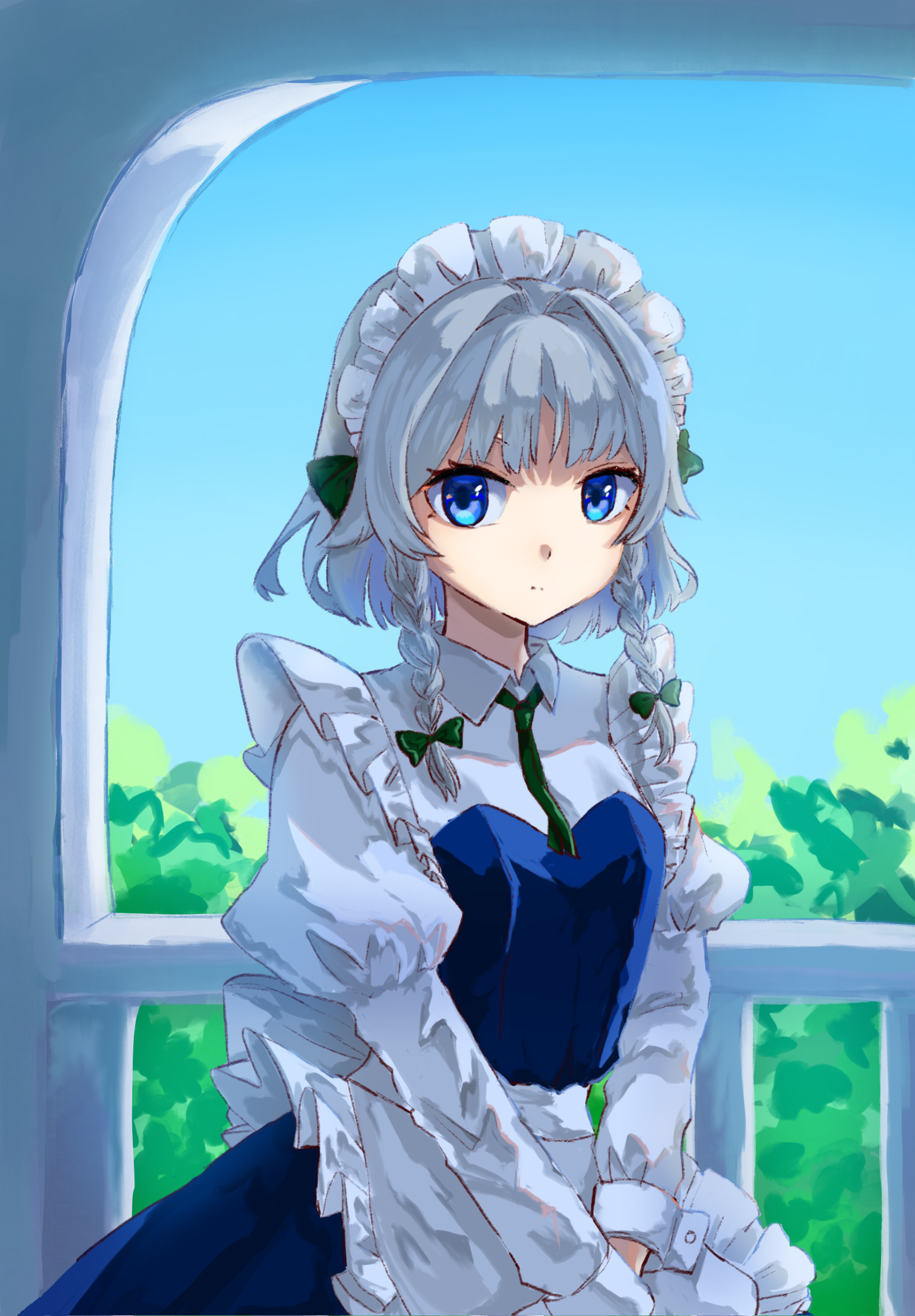 izayoi sakuya, touhou, commentary, highres, 1girl, :|, apron, blue dress, blue eyes, bow, braid, braided sidelock, closed mouth, dress, frilled apron, frills, green bow, grey hair, hair bow, hair intakes, juliet sleeves, long sleeves, looking at viewer, maid, maid apron, maid headdress, puffy sleeves, railing, shirt, shirt under dress, solo, spf0 (esfre i00), strapless, strapless dress, twin braids, waist apron, white apron, white shirt, wrist cuffs
