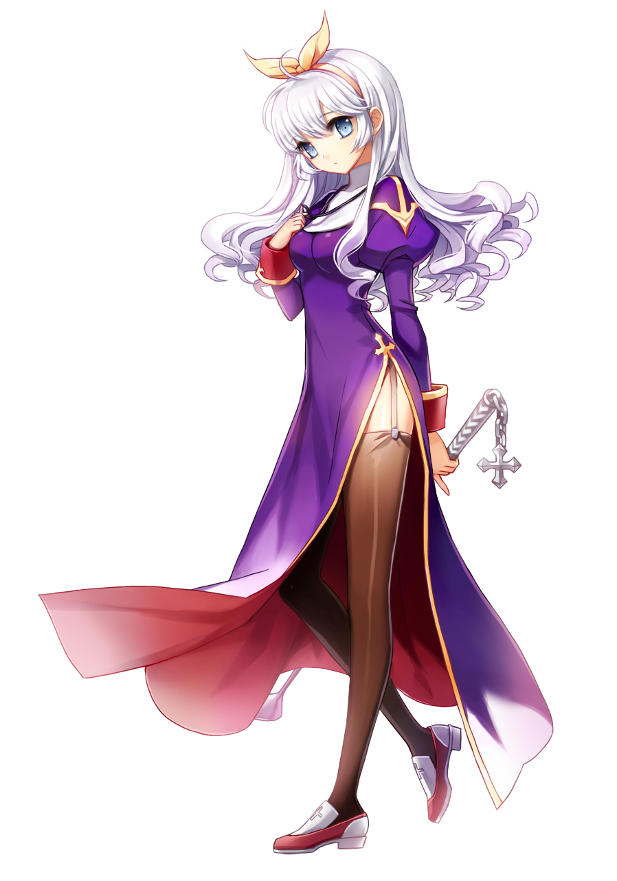 leona (pixiv), priest (ragnarok online), ragnarok online, commentary, english commentary, highres, 1girl, blue eyes, bow, bow hairband, breasts, brown thighhighs, closed mouth, cross, cross necklace, dress, expressionless, full body, garter straps, hairband, holding, holding mace, holding weapon, jewelry, juliet sleeves, long hair, long sleeves, looking at viewer, mace, medium breasts, necklace, puffy sleeves, purple dress, red shoes, shoes, side slit, simple background, solo, thighhighs, weapon, white background, white hair, yellow bow
