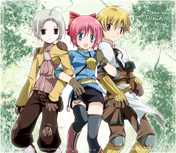 inma, archer (ragnarok online), swordsman (ragnarok online), thief (ragnarok online), ragnarok online, commentary request, 1girl, 2000s (style), 2boys, ahoge, black shorts, blonde hair, blue eyes, blue shirt, boots, bow, brown boots, brown gloves, brown jacket, brown pants, brown shirt, brown shorts, capelet, closed mouth, feet out of frame, gloves, green background, grey hair, hair bow, jacket, locked arms, long sleeves, looking at viewer, multiple boys, muneate, open mouth, pants, pink hair, purple eyes, red bow, shirt, short hair, short sleeves, shorts, shrug (clothing), smile, white capelet