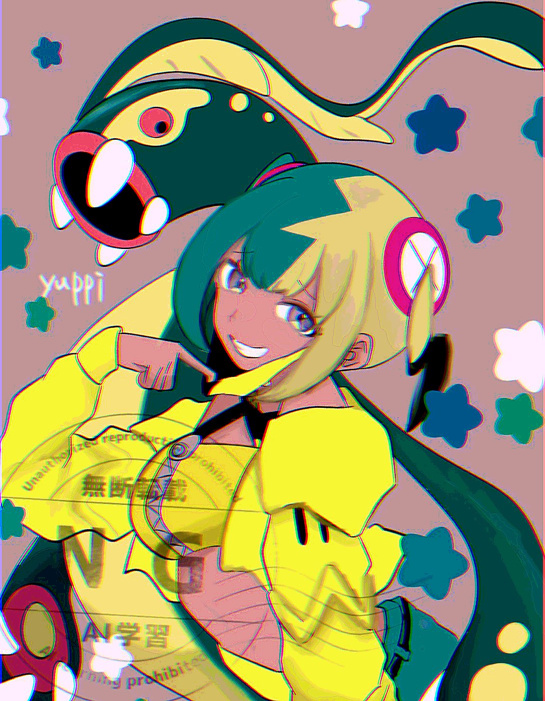 canari (pokemon), eelektross, nintendo, pokemon, pokemon legends: z-a, highres, 1girl, aqua hair, bandeau, belt, black mask, blonde hair, blue eyes, breasts, center-flap bangs, criss-cross halter, crop top, curly sidelocks, gen 5 pokemon, halterneck, hosihiroe126, jacket, large breasts, looking at viewer, mask, mask pull, mega ring, mega stone, midriff, mouth mask, multicolored hair, pants, short twintails, smile, solo, split-color hair, teeth, twintails, two-tone hair, two-tone mask, watermark, yellow bandeau, yellow jacket, yellow mask, zipper