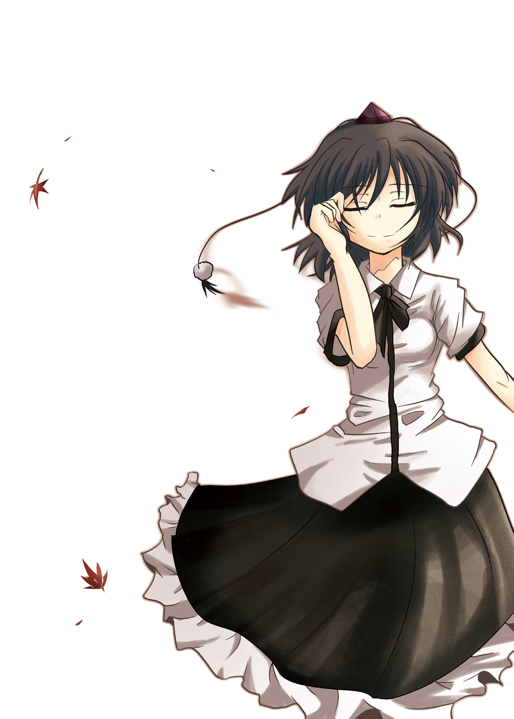 be-con, shameimaru aya, touhou, highres, 1girl, female focus, hat, ribbon, short hair, simple background, skirt, solo, tokin hat, white background