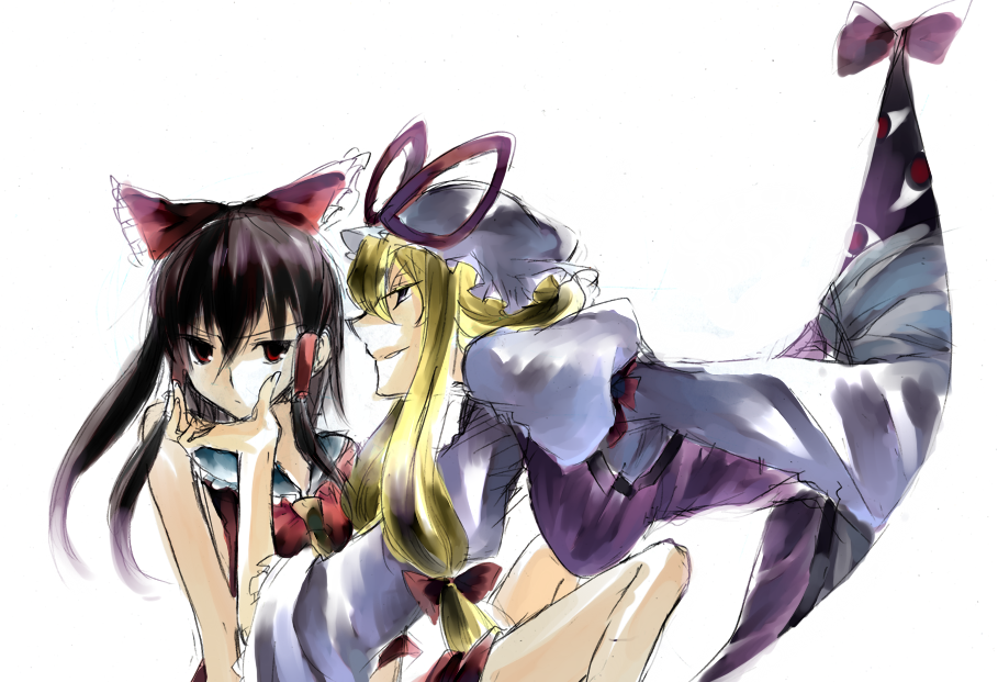 abaraya, mizutsuki, hakurei reimu, yakumo yukari, touhou, looking away, bad id, bad pixiv id, 2girls, bare shoulders, blonde hair, bow, brown hair, female focus, frown, gap (touhou), grabbing another's chin, hair bow, hand on another's chin, hat, multiple girls, red eyes, smirk