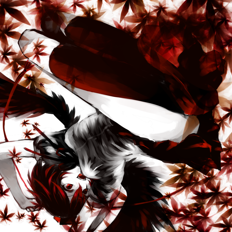 abaraya, mizutsuki, shameimaru aya, touhou, looking away, bad id, bad pixiv id, 1girl, arms up, black wings, breasts, female focus, geta, hat, leaf, maple leaf, medium breasts, open mouth, pale skin, ribbon, short hair, skirt, smile, solo, tengu-geta, tokin hat, upside-down, wings