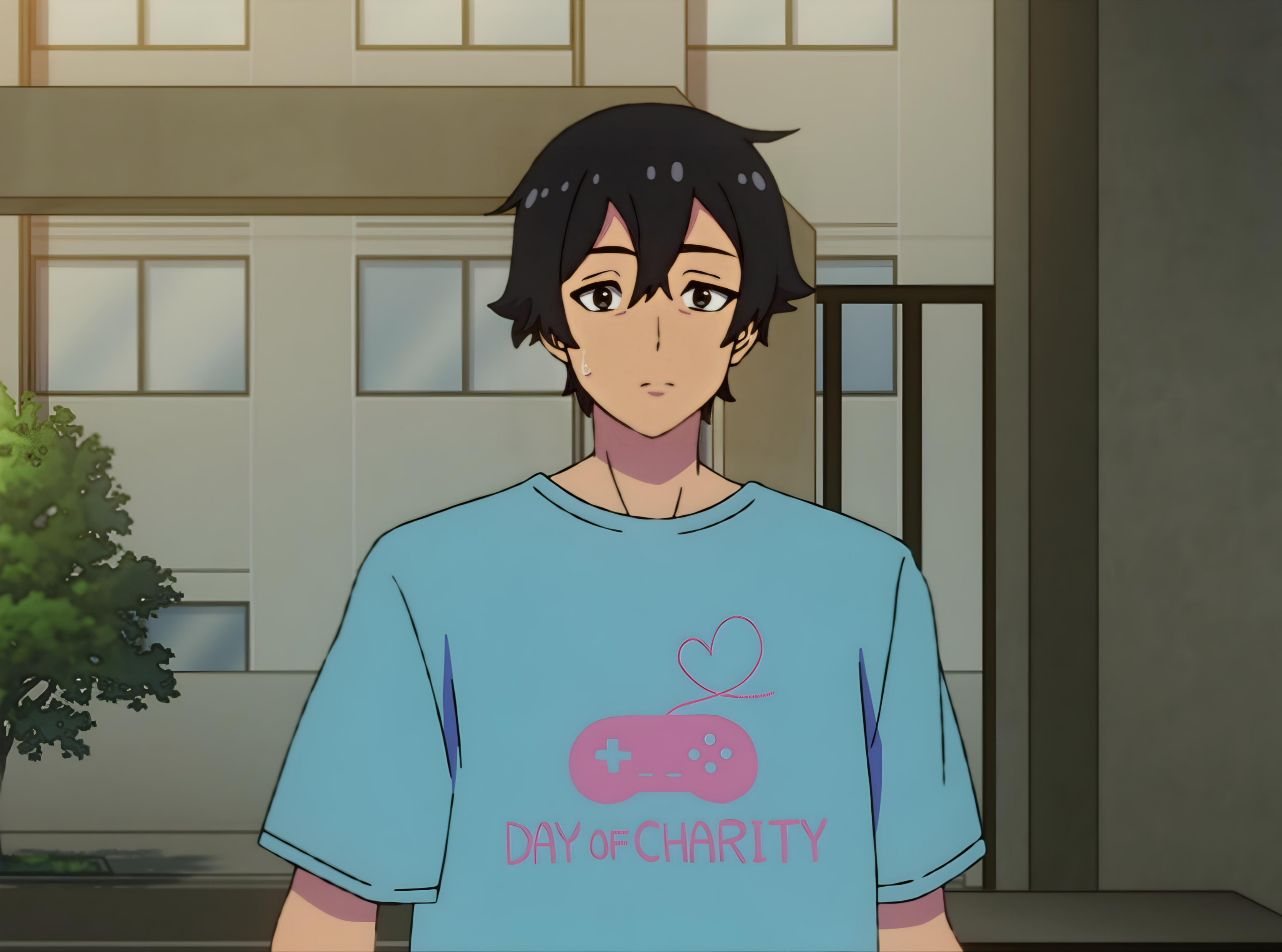 absurdres, highres, 1boy, black hair, blue shirt, law marshall, let's play: quest-darake no my life, looking at viewer, medium hair, serious, shirt, upper body