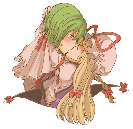 charin, kazami yuuka, yakumo yukari, touhou, 2girls, arms around neck, blonde hair, blush, bow, closed eyes, female focus, frills, gap (touhou), green hair, hair bow, kiss, long hair, multiple girls, red eyes, short hair, simple background, surprised, vest, white background, yuri