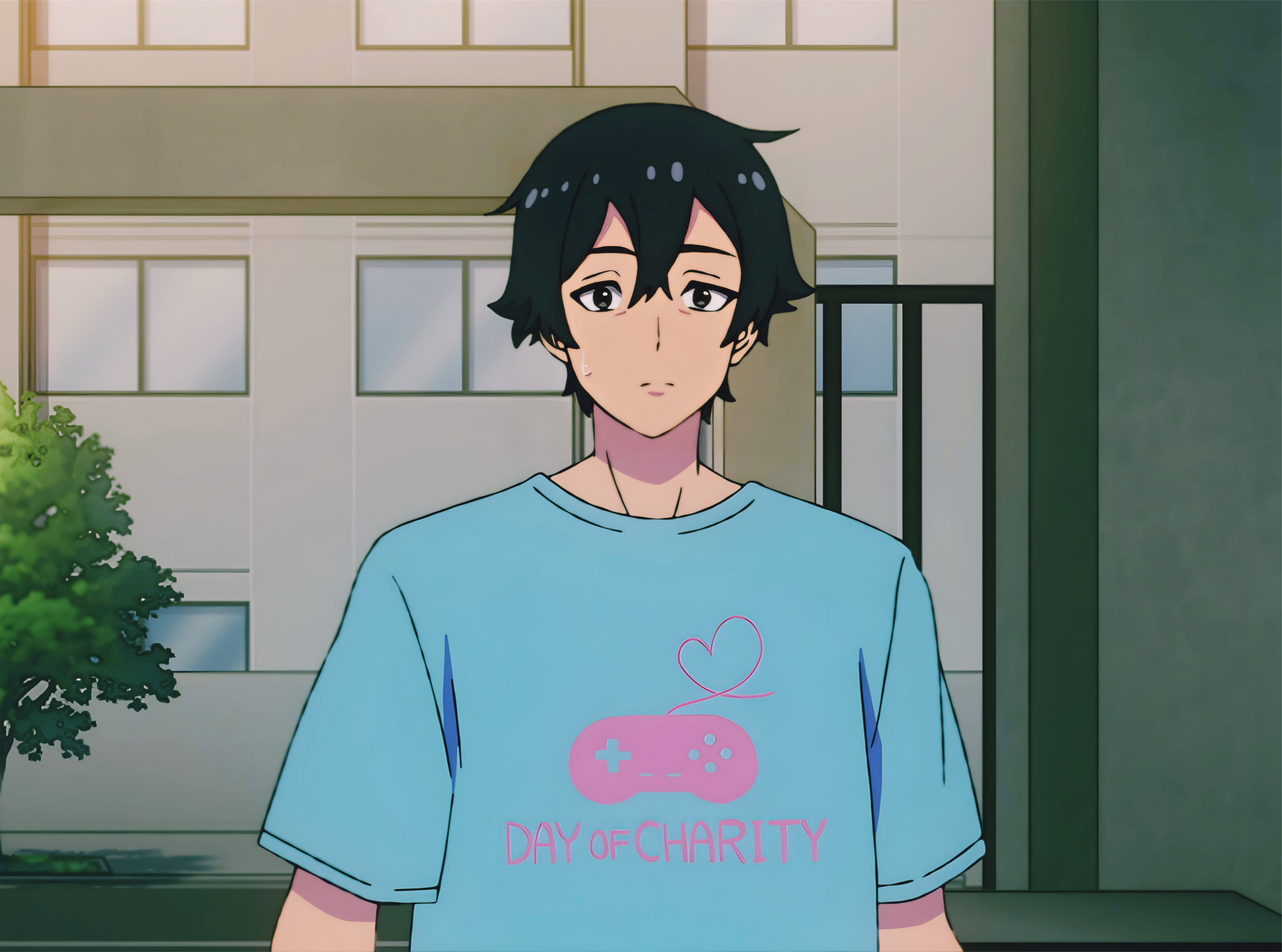 absurdres, highres, 1boy, black hair, blue shirt, law marshall, let's play: quest-darake no my life, looking at viewer, medium hair, serious, shirt, upper body