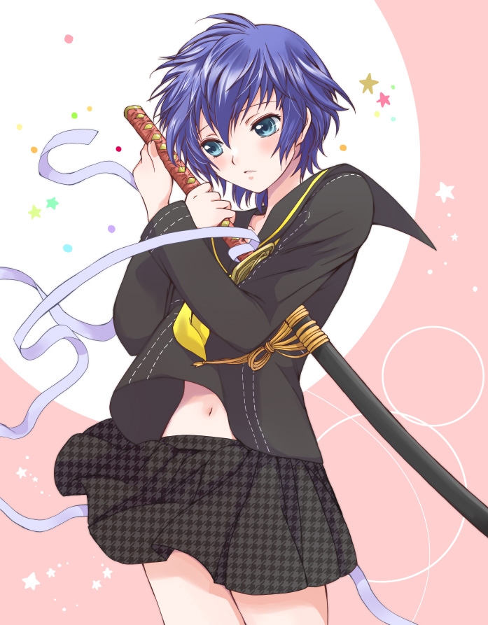 akina tsukako, shirogane naoto, atlus, persona, persona 4, 1girl, aqua eyes, bandages, blue eyes, blue hair, blush, female focus, houndstooth, katana, matching hair/eyes, midriff, navel, ribbon, school uniform, serafuku, short hair, skirt, solo, star (symbol), sword, unmoving pattern, weapon