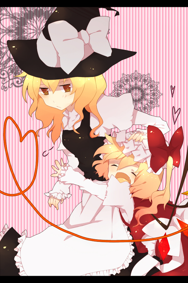 yuuutsu kamo, flandre scarlet, kirisame marisa, touhou, bad id, bad pixiv id, 2girls, blonde hair, female focus, hat, headpat, heart, heart of string, hug, letterboxed, multiple girls, ribbon, wings, witch, witch hat