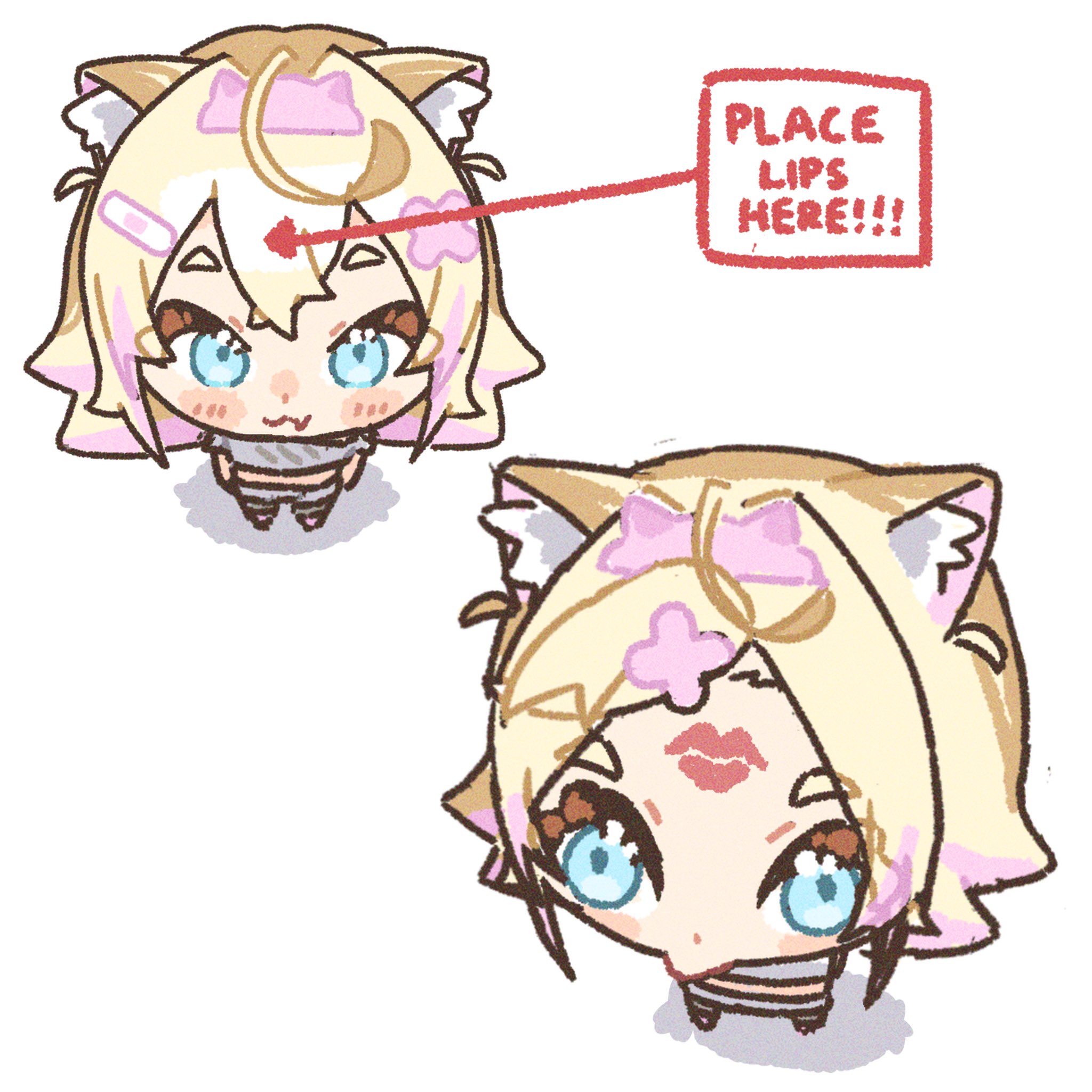 mococo abyssgard, mococo abyssgard (1st costume), hololive, hololive english, highres, 1girl, ahoge, animal ear fluff, animal ears, aosan, blonde hair, blue eyes, chibi, chibi only, dog ears, dog girl, fang, from above, hair between eyes, hair ornament, lipstick mark, lipstick mark on face, lipstick mark on forehead, looking at viewer, meme, midriff, multicolored hair, pink hair, place lips here (meme), virtual youtuber, x hair ornament