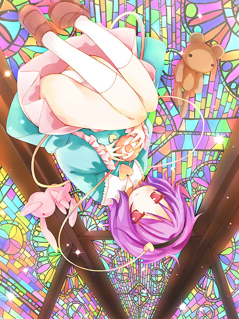 catbell, komeiji satori, touhou, 1girl, doll, female focus, hairband, heart, panties, purple hair, short hair, solo, underwear