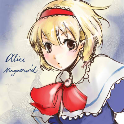 udo, alice margatroid, touhou, bad id, bad pixiv id, lowres, 1girl, blonde hair, brown eyes, female focus, solo, upper body