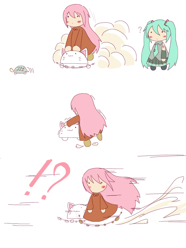 akisame ruu, hatsune miku, megurine luka, megurine luka (toeto), toeto (vocaloid), vocaloid, bad id, bad pixiv id, !?, 2girls, ?, animal hat, blush, blush stickers, cat hat, chibi, hat, long hair, multiple girls, pink hair, running, turtle, twintails, very long hair, what