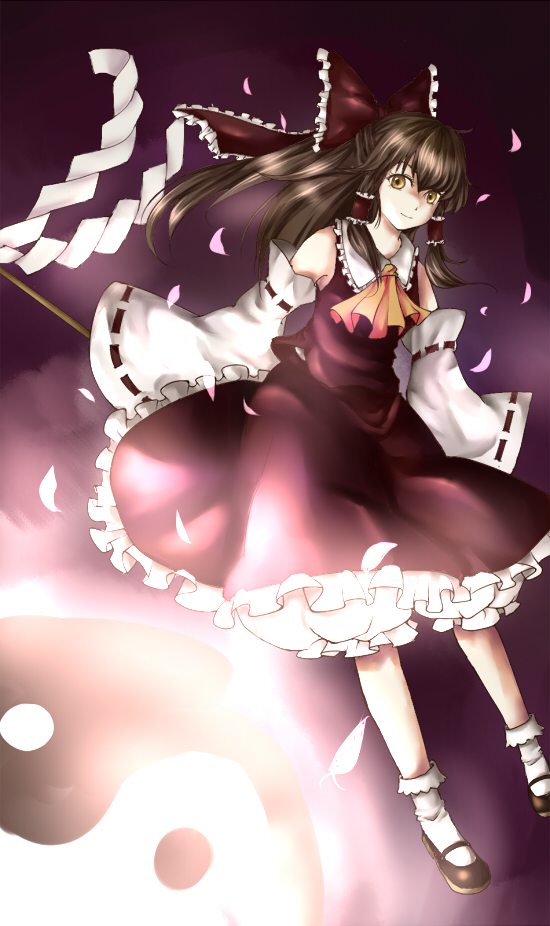 namu (artist), namuko, hakurei reimu, touhou, 1girl, ascot, bobby socks, brown hair, detached sleeves, female focus, full body, gohei, long hair, long sleeves, looking at viewer, mary janes, ribbon-trimmed sleeves, ribbon trim, shoes, socks, solo, very long hair