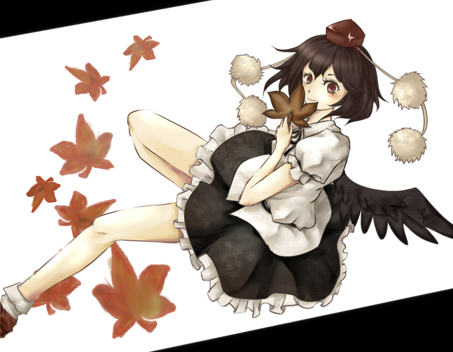 namu (artist), namuko, shameimaru aya, touhou, 1girl, black hair, black wings, female focus, hand fan, hat, looking at viewer, red eyes, short hair, solo, tokin hat, wings