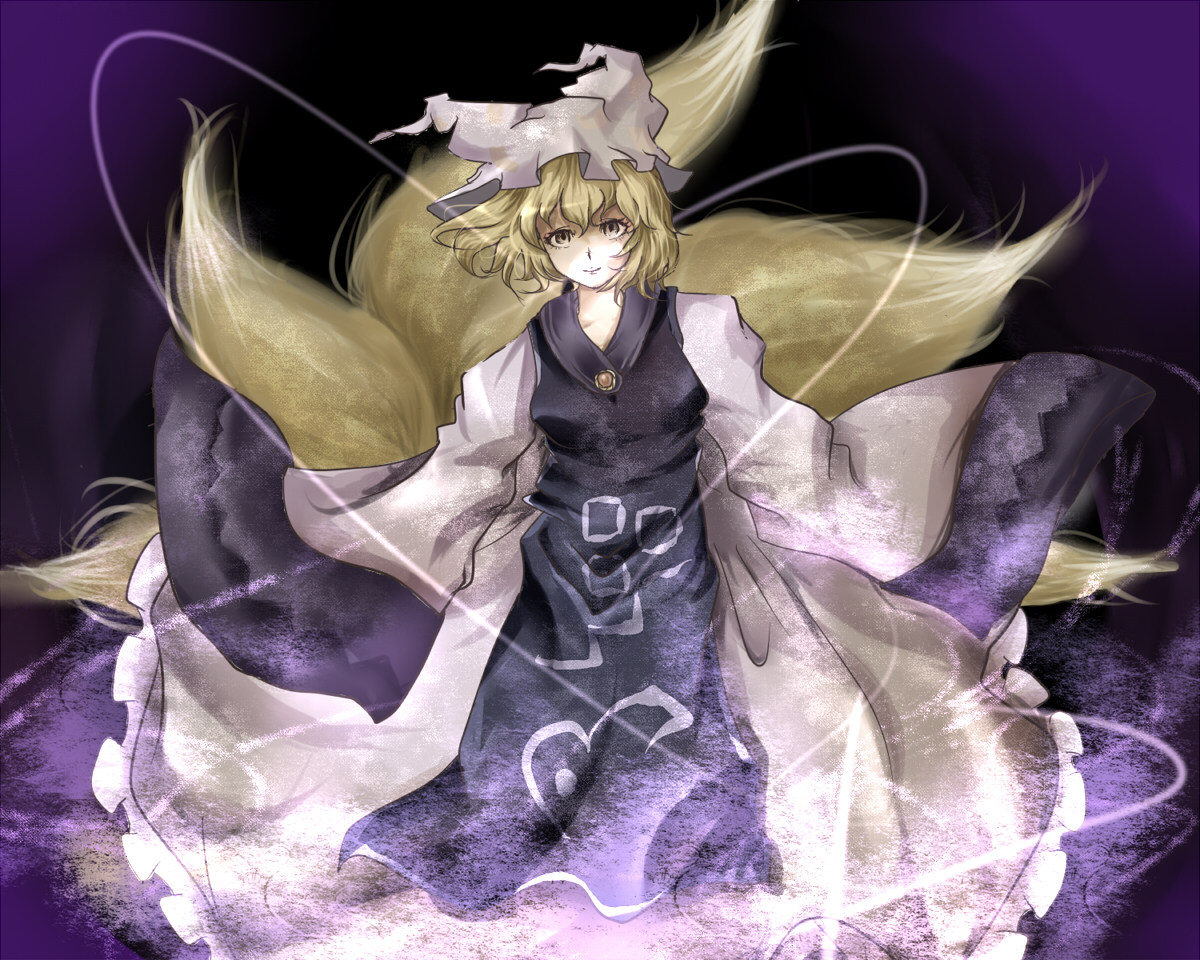 namu (artist), namuko, yakumo ran, touhou, 1girl, animal hat, black background, blonde hair, female focus, fox tail, hat, long sleeves, mob cap, multiple tails, short hair, solo, tail, wide sleeves