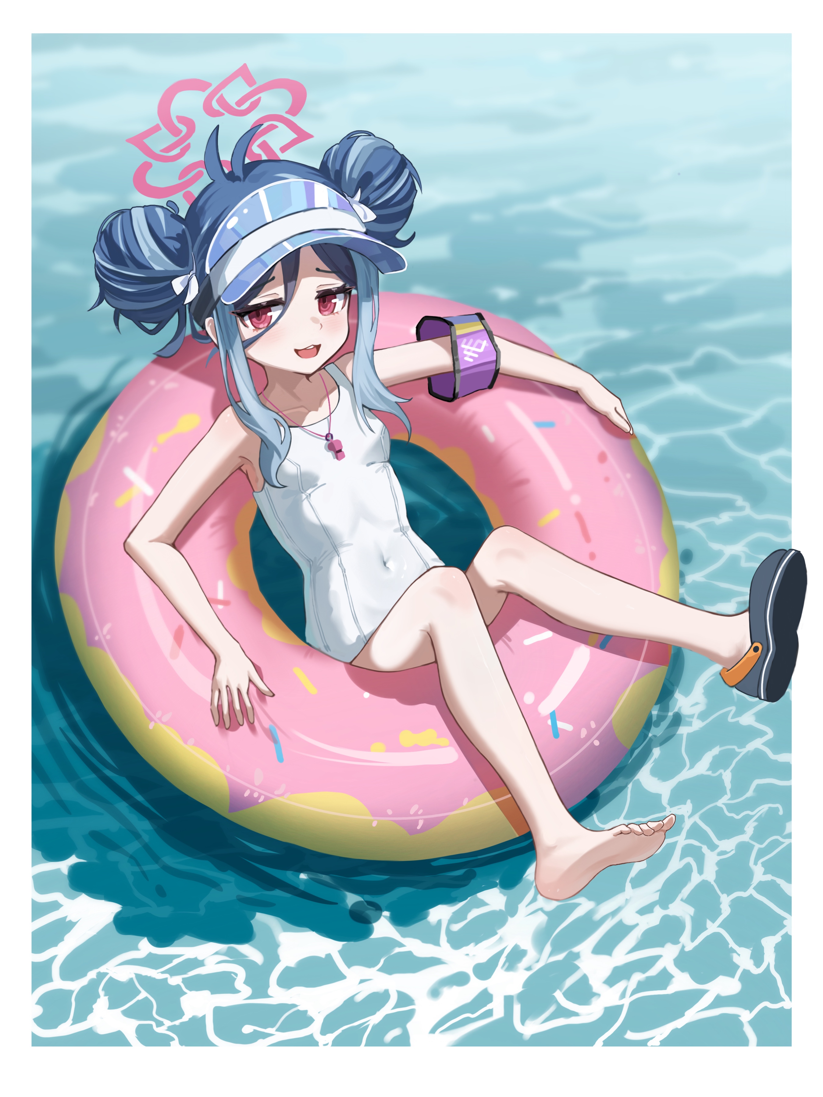 xiaoxiaoyifan, fubuki (blue archive), fubuki (swimsuit) (blue archive), blue archive, relaxing, absurdres, highres, 1girl, :3, :d, antenna hair, armband, bare shoulders, barefoot, blue hair, blush, border, breasts, collarbone, covered navel, day, donut innertube, double bun, feet, full body, hair between eyes, hair bun, halo, innertube, knees together feet apart, looking at viewer, lying, multicolored hair, official alternate costume, official alternate hairstyle, on back, on innertube, one-piece swimsuit, open mouth, outdoors, outside border, pink halo, purple armband, red eyes, school swimsuit, sidelocks, small breasts, smile, soles, solo, streaked hair, swim ring, swimsuit, teeth, toes, two-tone hair, upper teeth only, visor cap, water, whistle, whistle around neck, white border, white one-piece swimsuit