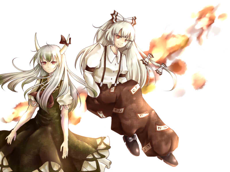 namu (artist), namuko, ex-keine, fujiwara no mokou, kamishirasawa keine, touhou, silver hair, 2girls, dress, female focus, fire, green hair, horn ornament, horn ribbon, horns, long hair, multiple girls, pants, red eyes, ribbon, suspenders