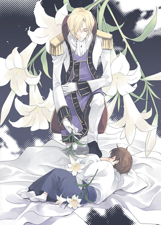 pepulong, kururugi suzaku, schneizel el britannia, code geass, bad id, bad pixiv id, 00s, 2boys, blonde hair, blue hakama, closed eyes, floral background, flower, gloves, hakama, hakama skirt, holding, holding flower, japanese clothes, lily (flower), male focus, multiple boys, skirt, sleeping