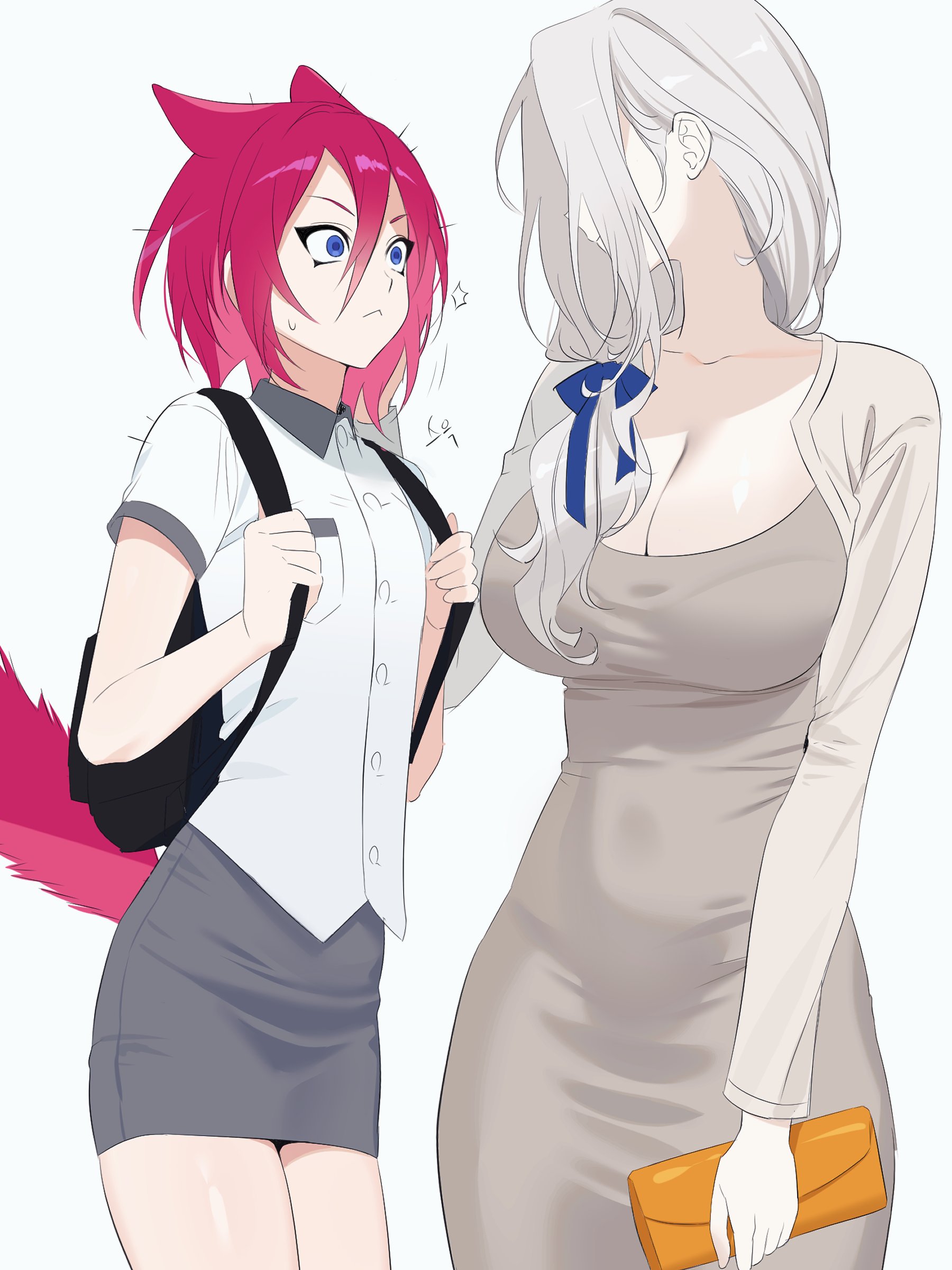 b zebuk, ran nagisa, saegusa ibara, ensemble stars!, absurdres, highres, 2girls, animal ears, backpack, bag, blue eyes, bra visible through clothes, breasts, cleavage, closed mouth, collared shirt, dress, embarrassed, genderswap, genderswap (mtf), grey dress, grey hair, grey skirt, hair between eyes, hair over shoulder, hair ribbon, handbag, holding, holding bag, large breasts, long hair, long sleeves, multiple girls, pencil dress, pencil skirt, pout, red hair, ribbon, shirt, short hair, short sleeves, simple background, skirt, tail, thighs, white background, white shirt