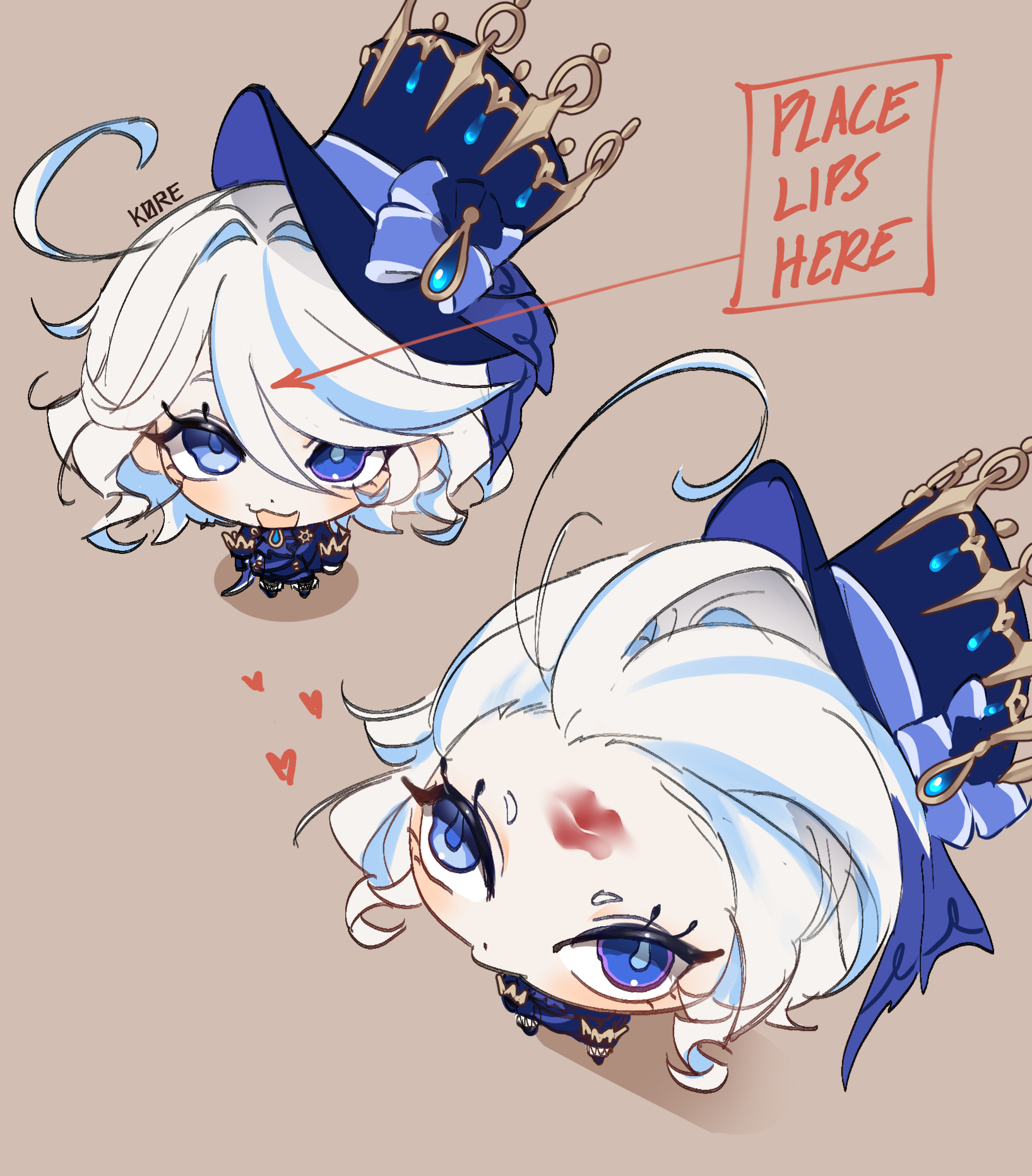 k0re drawings, furina (genshin impact), genshin impact, highres, 1girl, :d, ahoge, artist name, blue eyes, blue hair, bow, chibi, chibi only, dot nose, english text, from above, hat, heart, heterochromia, jewelry, lipstick mark, lipstick mark on face, lipstick mark on forehead, looking at viewer, meme, multicolored hair, open mouth, place lips here (meme), smile, top hat, white hair